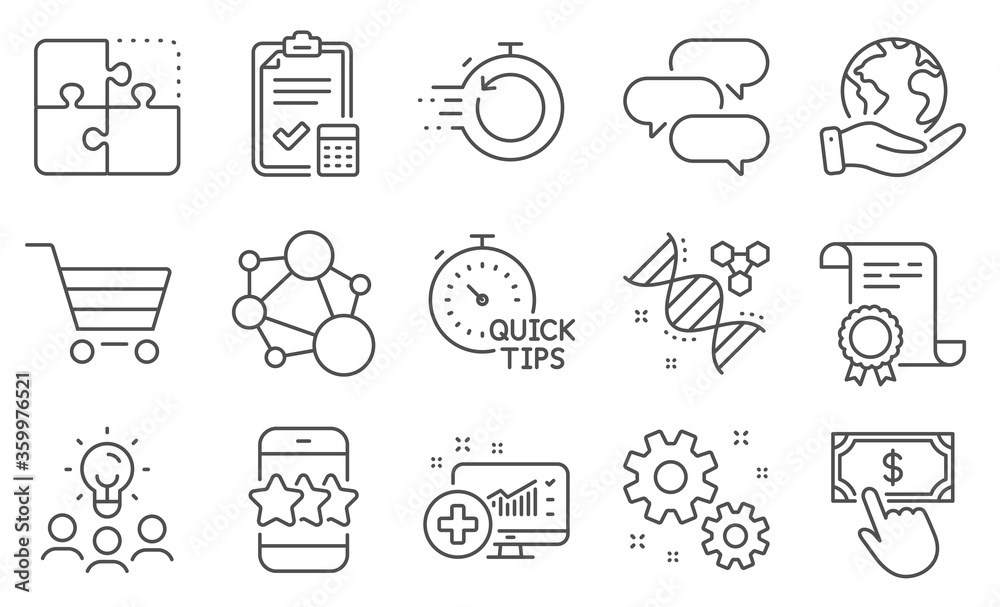 Set of Technology icons, such as Fast recovery, Accounting checklist. Diploma, ideas, save planet. Star, Market sale, Talk bubble. Payment click, Work, Quick tips. Vector Set of Technology icons, such as Fast recovery, Accounting checklist. Diploma, ideas, save planet. Star, Market sale, Talk bubble. Payment click, Work, Quick tips. Vector