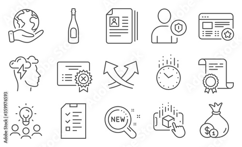 Set of Business icons, such as Security, Cv documents. Diploma, ideas, save planet. Mindfulness stress, Favorite, Time. Intersection arrows, Augmented reality, Cash. Vector