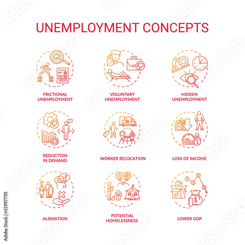 Unemployment type red gradient concept icons set. Potential homelessness. Lower gross domestic production. Economic issue idea thin line RGB color illustrations. Vector isolated outline drawings
