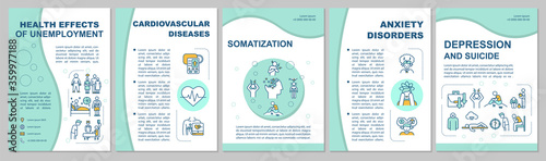 Negative health effects of unemployment brochure template. Flyer, booklet, leaflet print, cover design with linear icons. Vector layouts for magazines, annual reports, advertising posters
