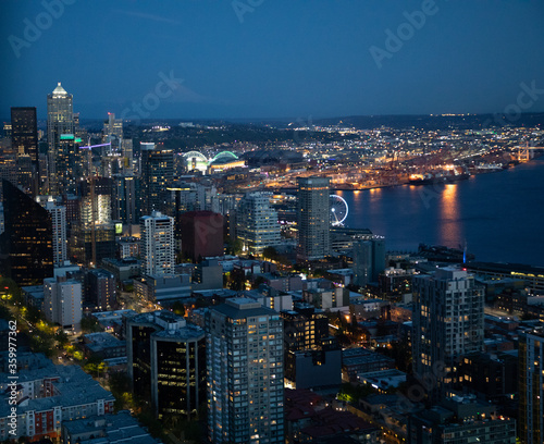 Views of the Downtown Seattle cityscape from the top of the Space Needle in Seattle Washington