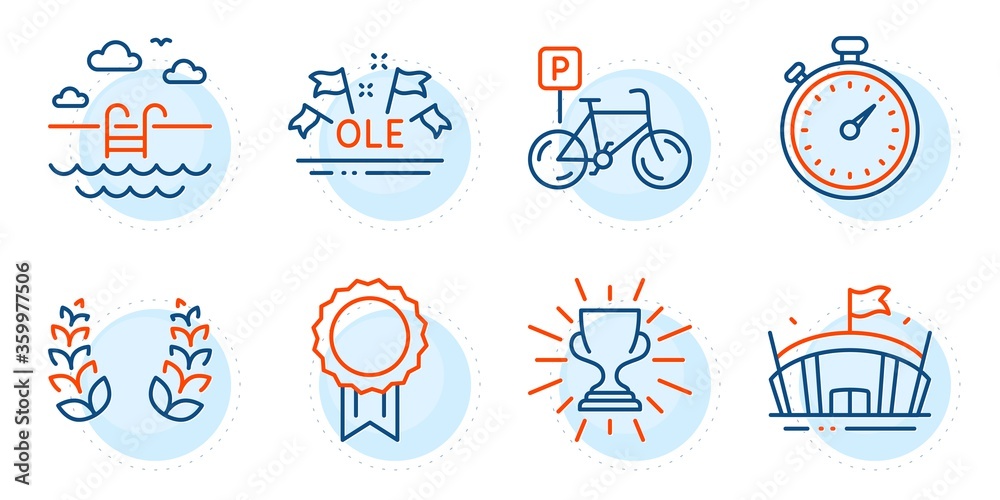 Ole chant, Laurel wreath and Swimming pool signs. Timer, Trophy and Bicycle parking line icons set. Reward, Arena symbols. Stopwatch gadget, Winner cup. Sports set. Outline icons set. Vector Ole chant, Laurel wreath and Swimming pool signs. Timer, Trophy and Bicycle parking line icons set. Reward, Arena symbols. Stopwatch gadget, Winner cup. Sports set. Outline icons set. Vector