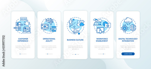Business improvement onboarding mobile app page screen with concepts. Digital transformation walkthrough 5 steps graphic instructions. UI vector template with RGB color illustrations
