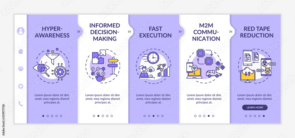 Digital business agility strategy onboarding vector template. Hyper awareness. Fast execution. Responsive mobile website with icons. Webpage walkthrough step screens. RGB color concept