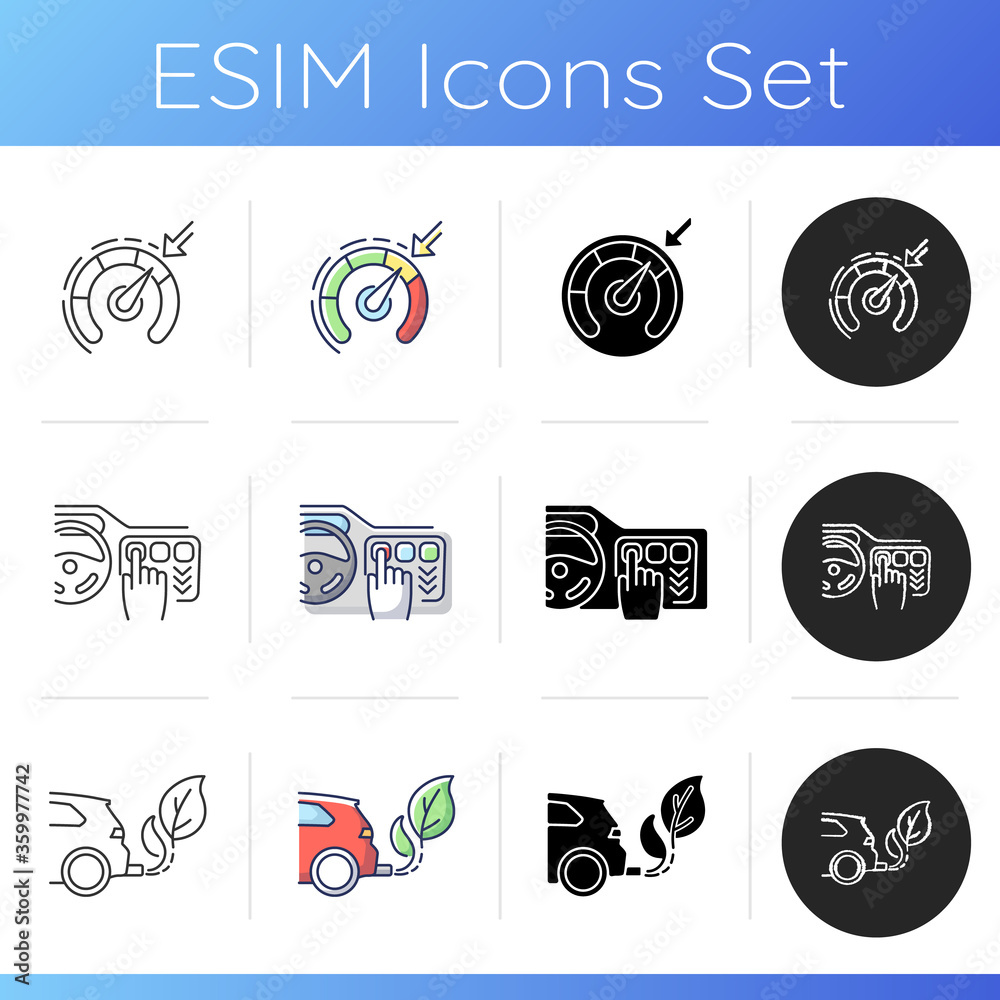 Alternative energy transport icons set. Linear, black and RGB color styles. Cruise control, smart control panel and zero tailpipe emissions. Electric battery vehicles. Isolated vector illustrations