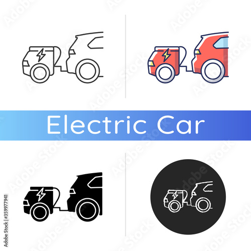 Range extender icon. Linear black and RGB color styles. Electric vehicle additional energy supply, reserve generator. Electric car with auxiliary power unit isolated vector illustrations