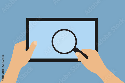 Flat design illustration of hand holding touch screen tablet and magnifying glass. Isolated on blue background, vector