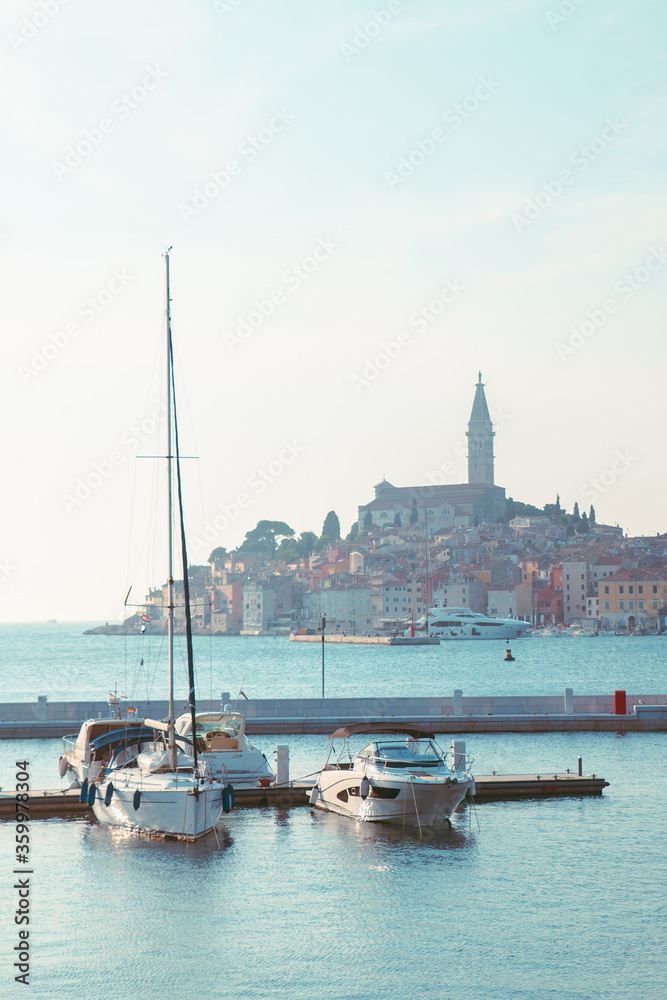 view of luxury yachts in dock. Rovinj city on background