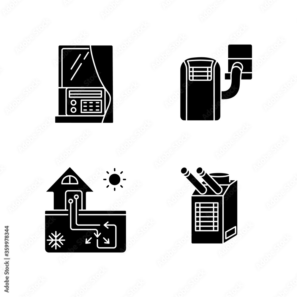 Home conditioning black glyph icons set on white space. Geothermal heating and cooling system. Spot cooler, window air and portable conditioner silhouette symbols. Vector isolated illustrations