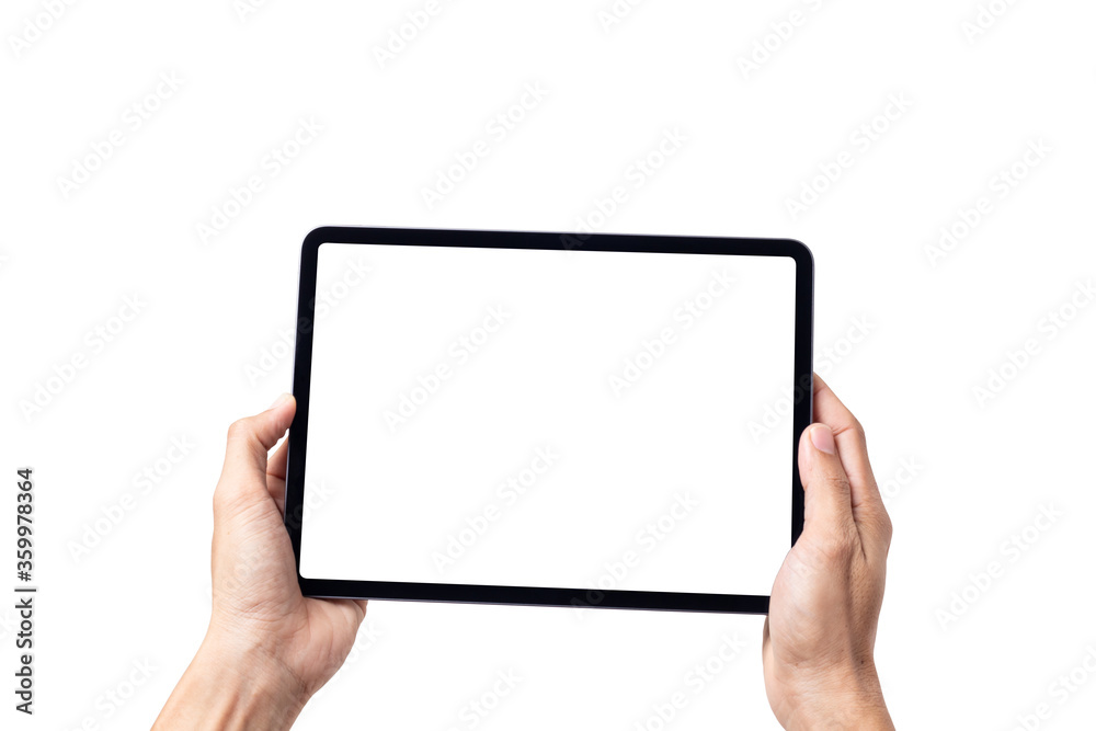 Hand man holding tablet with mockup blank screen isolated on white background with clipping path Hand man holding tablet with mockup blank screen isolated on white background with clipping path