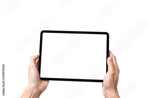 Hand man holding tablet with mockup blank screen isolated on white background with clipping path