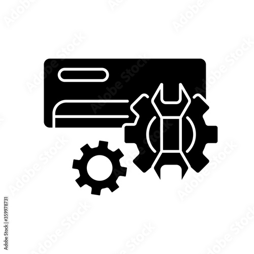 AC repair service black glyph icon. Air conditioning systems professional maintenance silhouette symbol on white space. Technical diagnostics and installation assistance. Vector isolated illustration
