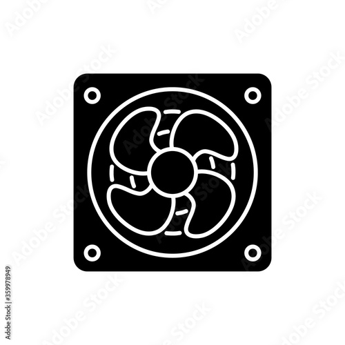 Computer cooler black glyph icon. Desktop PC ventilation and hardware cooling silhouette symbol on white space. Small cooler fan, electronic equipment with propeller vector isolated illustration