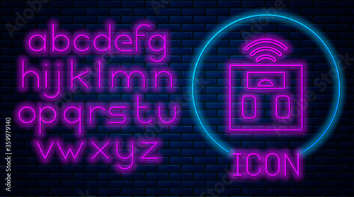 Glowing neon Smart bathroom scales icon isolated on brick wall background. Weight measure equipment. Internet of things concept with wireless connection. Neon light alphabet. Vector