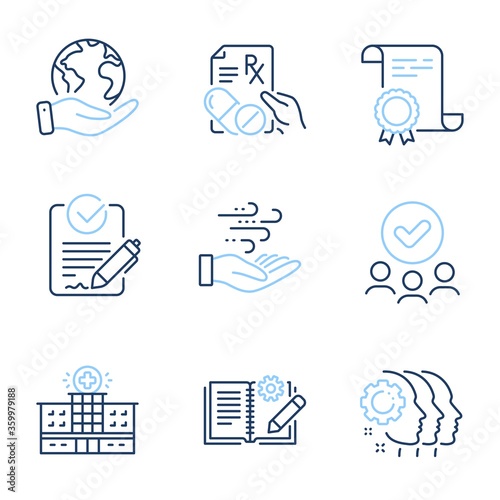 Employees teamwork, Hospital building and Rfp line icons set. Diploma certificate, save planet, group of people. Wind energy, Engineering documentation and Prescription drugs signs. Vector