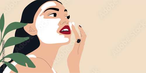 Beautiful young woman applying cosmetic product. Girl face and green plant. Skin care banner. Skincare routine, mask applying and cosmetics. Vector concept illustration.