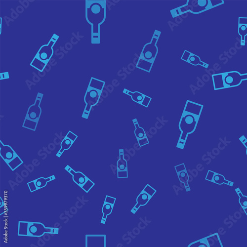 Blue Glass bottle of vodka icon isolated seamless pattern on blue background.  Vector