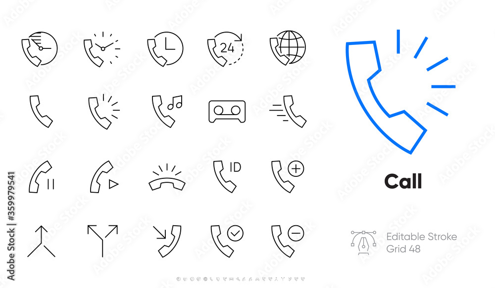 Set of Call and Phone Vector Pixel Perfect Line Icons