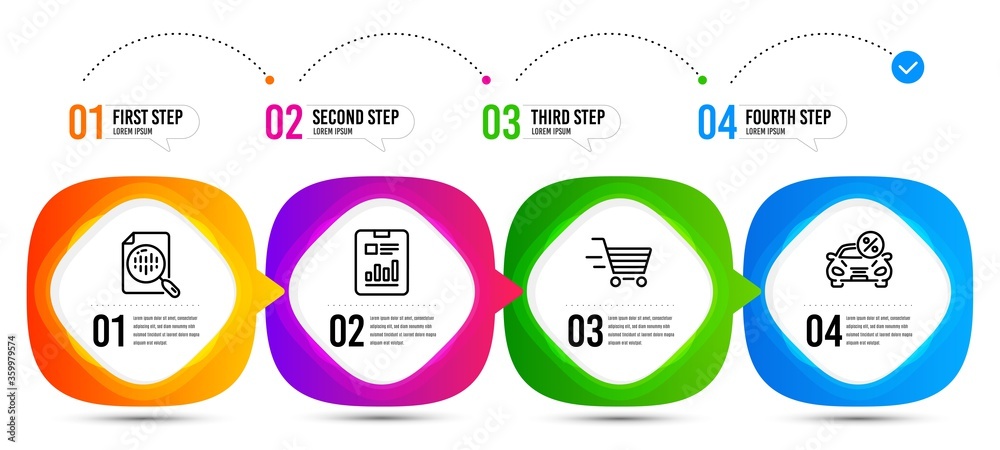 Analytics chart, Car leasing and Report document line icons set. Timeline steps. Delivery shopping sign. Report analysis, Transport discount, Page with charts. Online buying. Finance set. Vector Analytics chart, Car leasing and Report document line icons set. Timeline steps. Delivery shopping sign. Report analysis, Transport discount, Page with charts. Online buying. Finance set. Vector