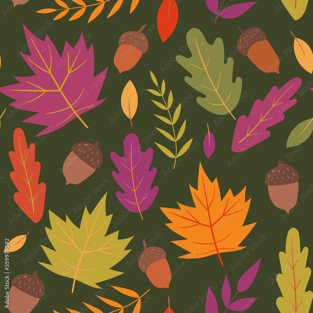 Fototapeta premium Autumn vector seamless pattern on a green background. Autumn mood. For textile design, wrapping paper.