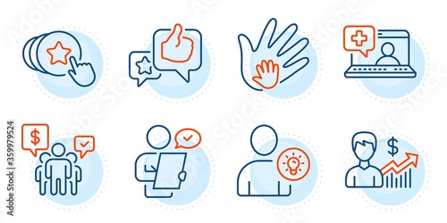 User idea, Customer survey and Like signs. Medical help, Social responsibility and Hold heart line icons set. Teamwork, Business growth symbols. Medicine laptop, Hand. People set. Vector