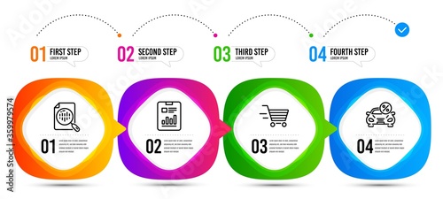 Analytics chart, Car leasing and Report document line icons set. Timeline steps. Delivery shopping sign. Report analysis, Transport discount, Page with charts. Online buying. Finance set. Vector