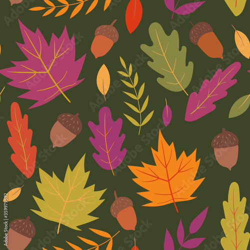 Autumn vector seamless pattern on a green background. Autumn mood. For textile design  wrapping paper.