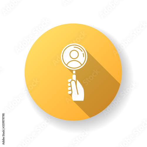 Recruitment yellow flat design long shadow glyph icon. Search for employee. Look for candidate to hire for corporate position. Recruiter work. Magnifying glass. Silhouette RGB color illustration
