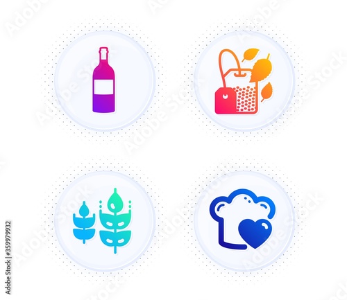 Gluten free, Mint bag and Wine bottle icons simple set. Button with halftone dots. Love cooking sign. Bio ingredients, Mentha tea, Cabernet sauvignon. Chef hat. Food and drink set. Vector
