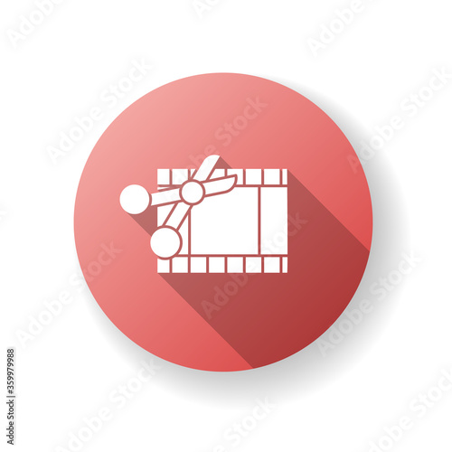 Film edit red flat design long shadow glyph icon. Movie montage. Cut film strip with scissors. Camera negative slides. Movie maker. Television editor. Silhouette RGB color illustration