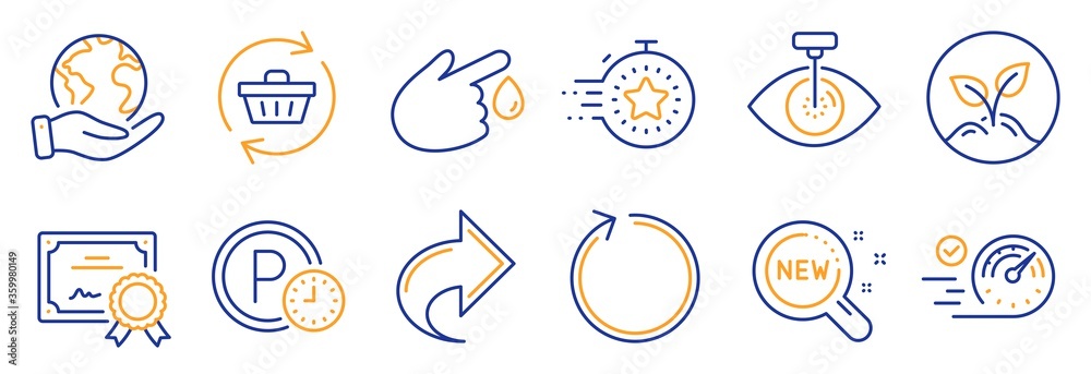 Fototapeta premium Set of Business icons, such as Refresh cart, Parking time. Certificate, save planet. Blood donation, Speedometer, Startup. Eye laser, Loop, Timer. New products, Share line icons. Vector