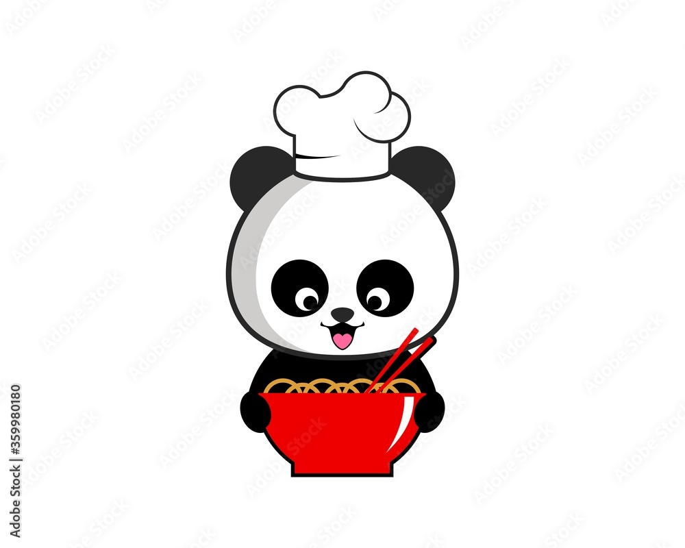 Fototapeta premium Cute panda chef eats noodles