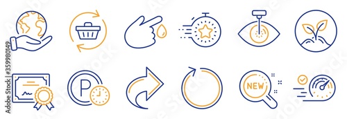 Set of Business icons  such as Refresh cart  Parking time. Certificate  save planet. Blood donation  Speedometer  Startup. Eye laser  Loop  Timer. New products  Share line icons. Vector