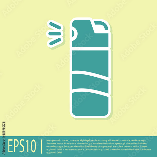 Green Pepper spray icon isolated on yellow background. OC gas. Capsicum self defense aerosol.  Vector