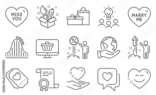 Set of Holidays icons, such as Hold heart, Roller coaster. Diploma, ideas, save planet. Smile chat, Love ticket, Creativity. Gifts, Marry me, Web shop. Fireworks, Heart, Miss you. Vector