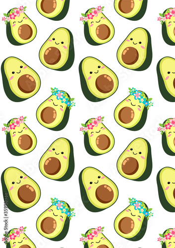 Cute cartoon avocado couple: a boy and a girl in a wreath of pink blue flowers. Two green halves of an avocado with a smile. Wallpaper seamless pattern, vector illustration isolated white background