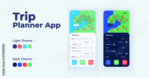 Trip planner app cartoon smartphone interface vector templates set. Mobile app screen page day mode design. Travel management service UI for application. Phone display with flat illustrations