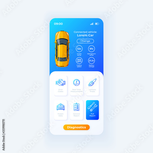 Smart car diagnostics app smartphone interface vector template. Mobile app page day mode design layout. Vehicle detail info screen. Flat UI for application. Automobile status on phone display