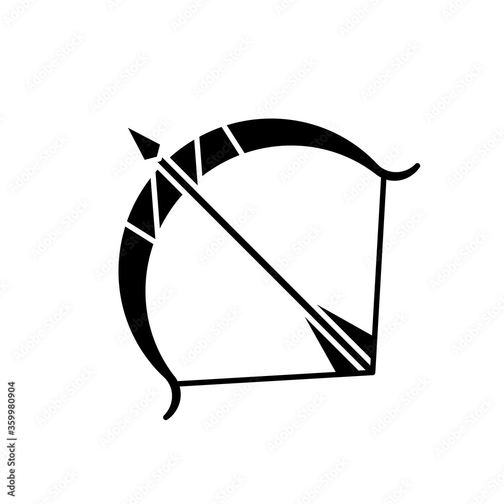 Sagittarius zodiac sign black glyph icon. Astrological archer silhouette symbol on white space. Ancient shooting weapon. Archery sport, hunter equipment. Bow and arrow vector isolated illustration Sagittarius zodiac sign black glyph icon. Astrological archer silhouette symbol on white space. Ancient shooting weapon. Archery sport, hunter equipment. Bow and arrow vector isolated illustration