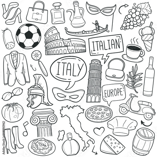 Italy Italian Traditional Doodle Icons Sketch Hand Made Design Vector