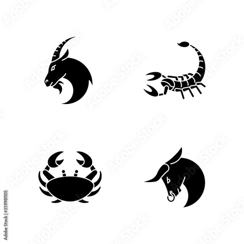Astrological signs black glyph icons set on white space. Goat, crab, scorpion and bull zodiac silhouette symbols. Horoscope future prediction, esoteric fortune telling. Vector isolated illustrations