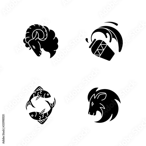 Horoscope signs black glyph icons set on white space. Ram, water bearer, lion and fish zodiac silhouette symbols. Astrological prediction, esoteric fortune telling. Vector isolated illustrations