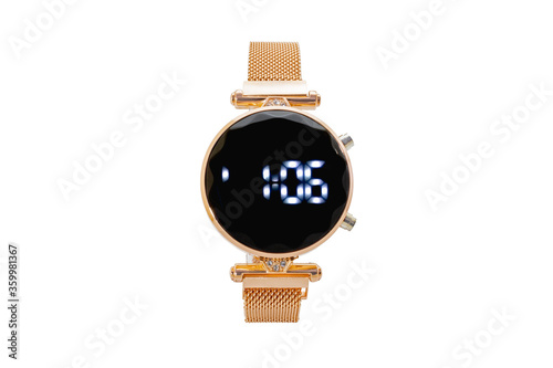 Women's round smartwatch with gems, golden mesh style strap, black dial face and digital numerals, isolated on white background.