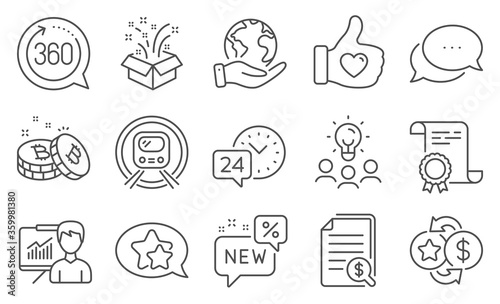 Set of Business icons, such as Financial documents, Loyalty points. Diploma, ideas, save planet. Metro subway, Like hand, 360 degrees. 24h service, Star, Gift. Vector