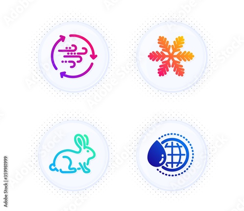 Snowflake, Animal tested and Wind energy icons simple set. Button with halftone dots. World water sign. Air conditioning, Bio product, Breeze power. Aqua drop. Nature set. Vector