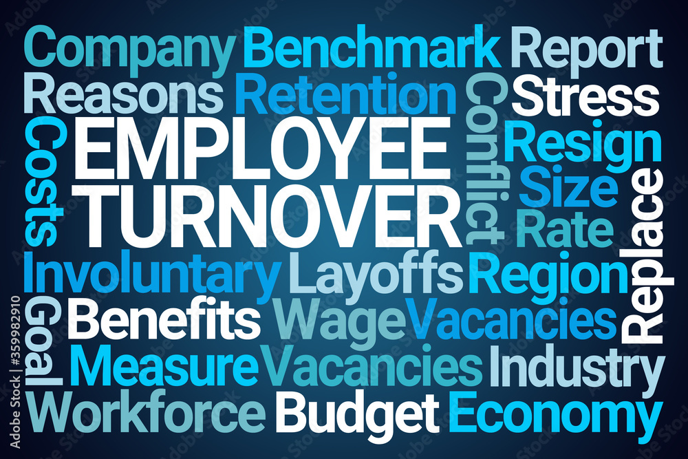 Employee Turnover Word Cloud on Blue Background Employee Turnover Word Cloud on Blue Background