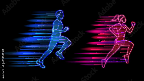 Man and woman running neon light style, jogging people set. Healthy lifestyle and sports concept vector illustration