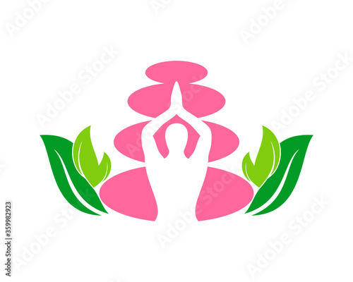 Yoga and relax stone with green leaf beside