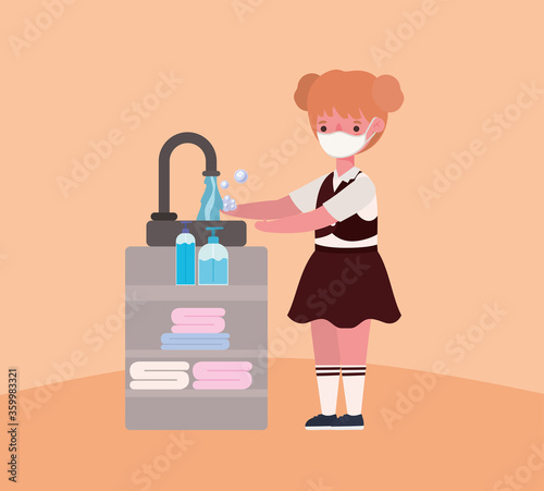 Girl kid with medical mask washing hands design, Back to school and social distancing theme Vector illustration