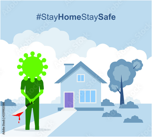 Stay at Home and stay safe, Corona virus (Covid 19) waiting outside with knife vector design
